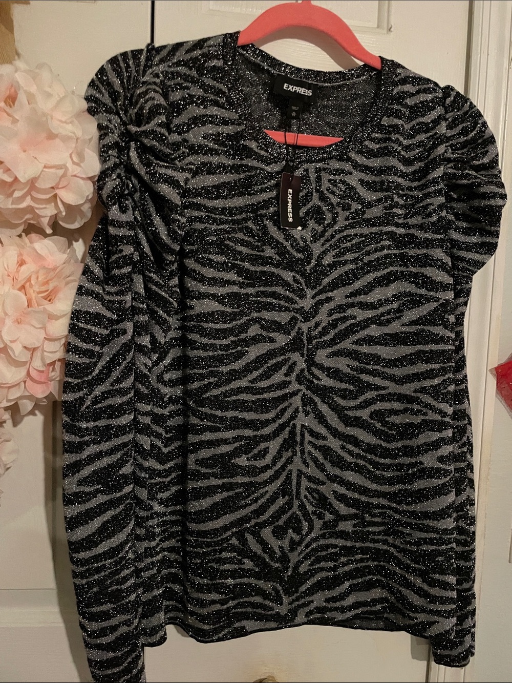 Express Black & Silver Zebra Sparkle Long ruffled Sleeve Top